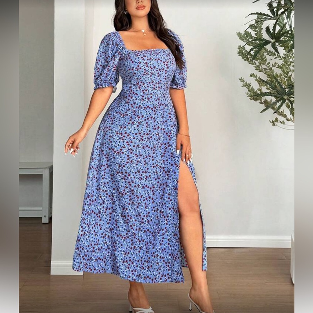 Floral Blue Lace-Up Back Dress - Picture 6 of 8